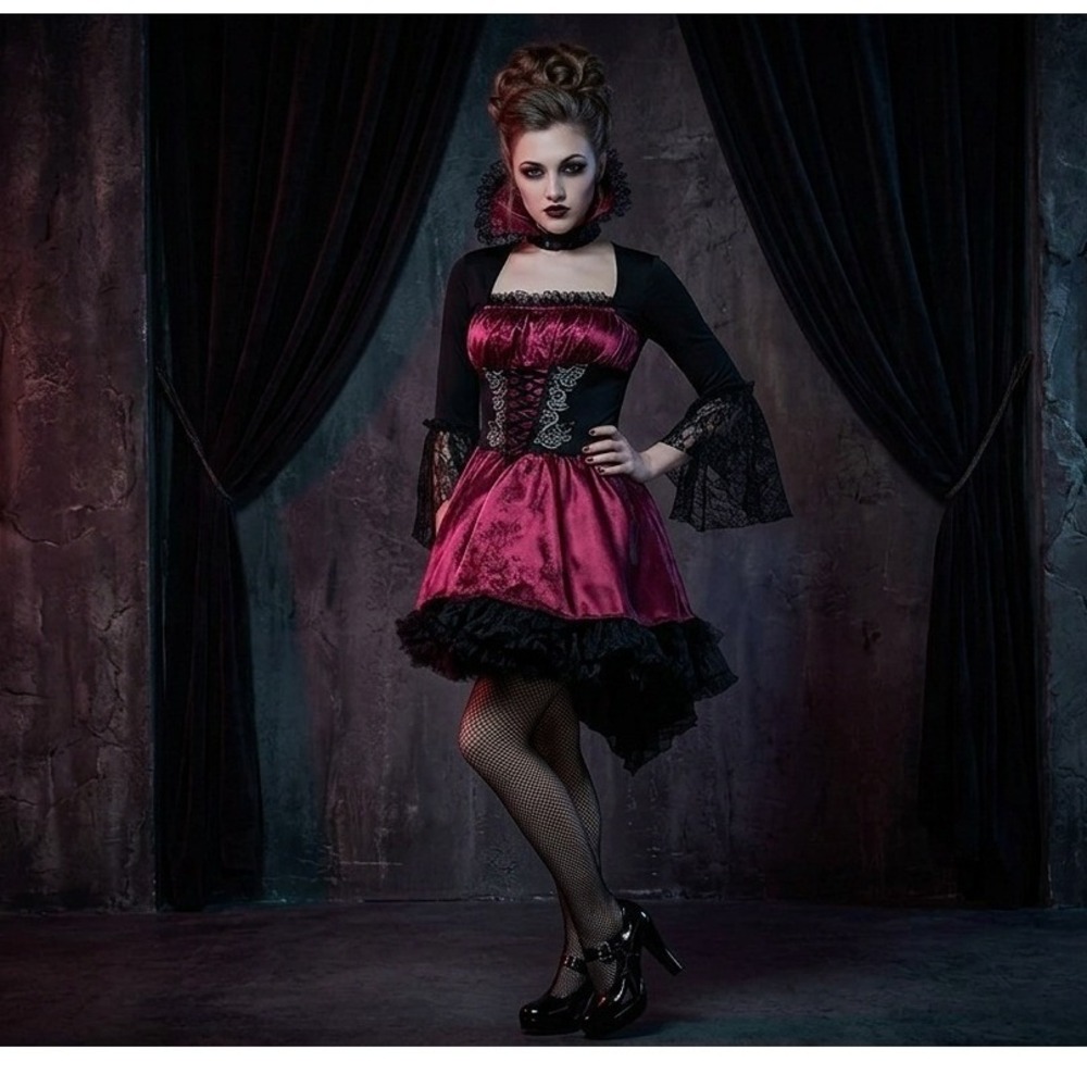 Va Va Vampire Costume Women Dress and Choker Set Red Black Junior Size Large